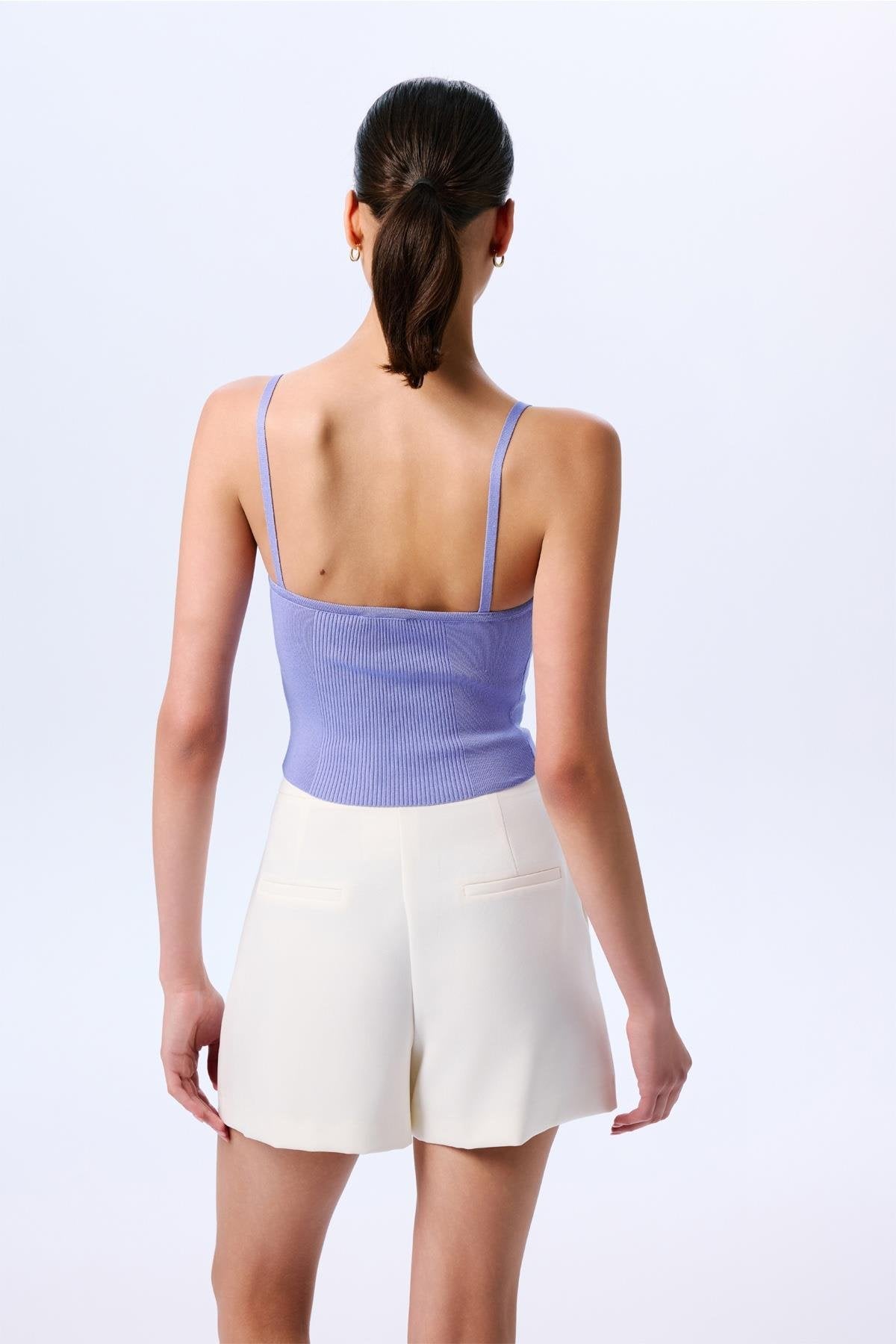 Ince Askılı Şeritli Crop Triko Indigo Bluz