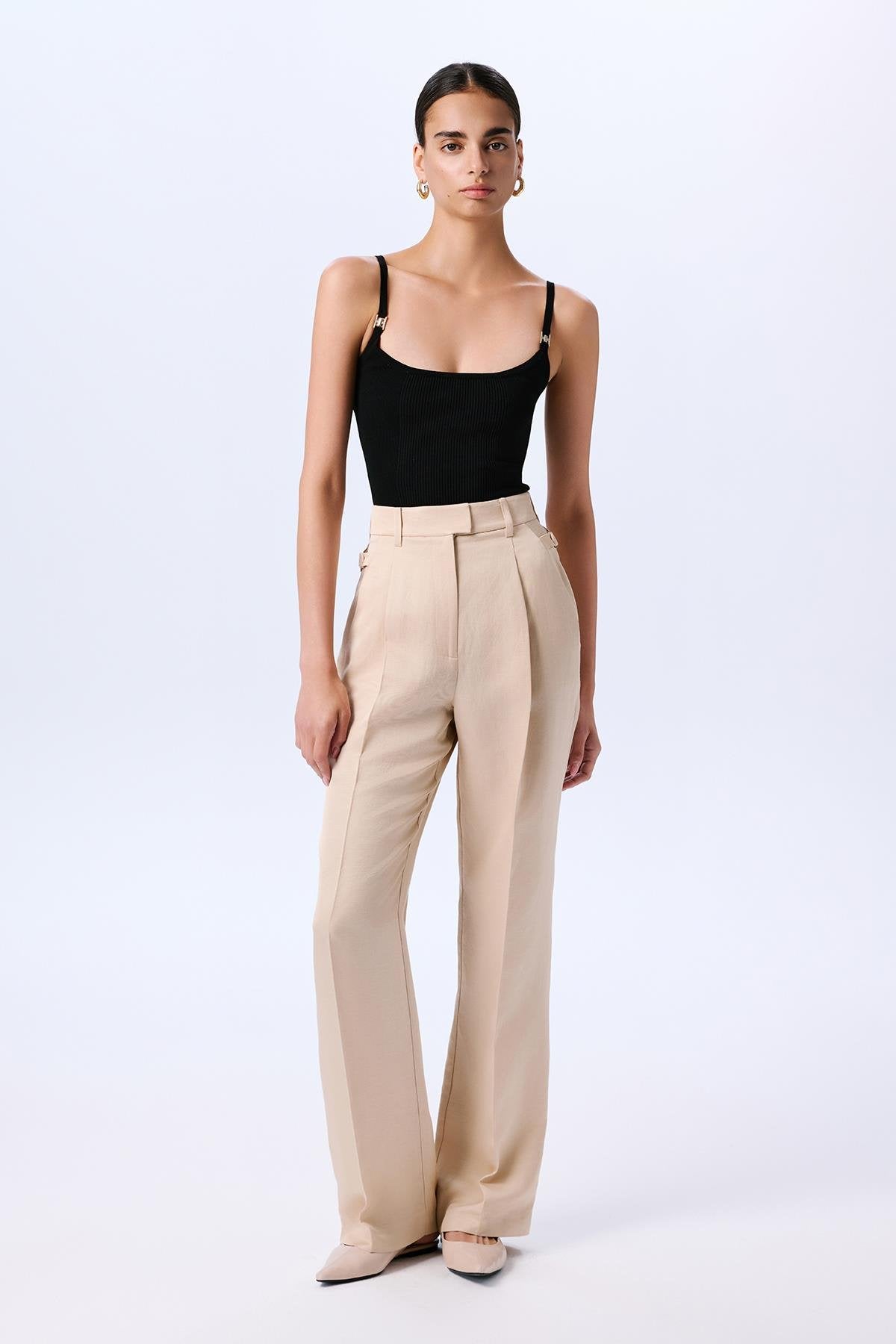 Ince Askılı Şeritli Crop Triko Siyah Bluz