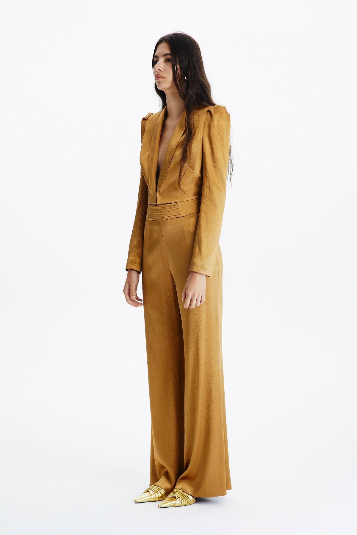 Kahverengi Saten Crop Blazer