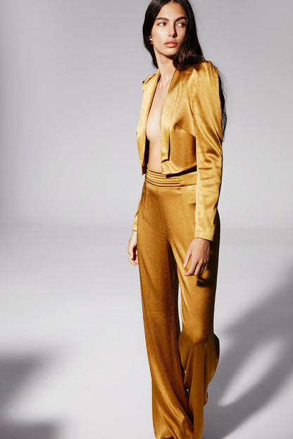 Kahverengi Saten Crop Blazer