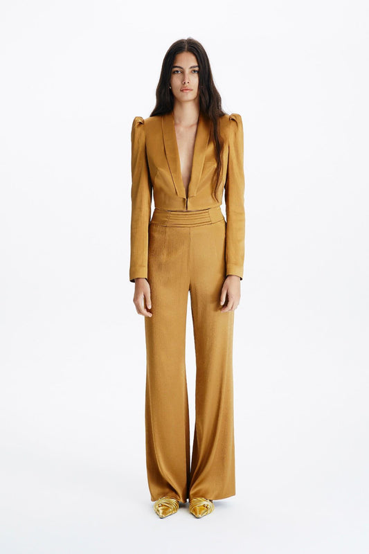 Kahverengi Saten Crop Blazer