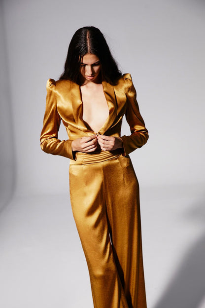 Kahverengi Saten Crop Blazer