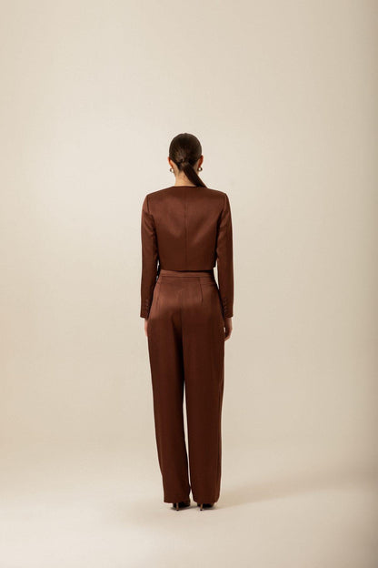 Kahverengi Saten Crop Ceket