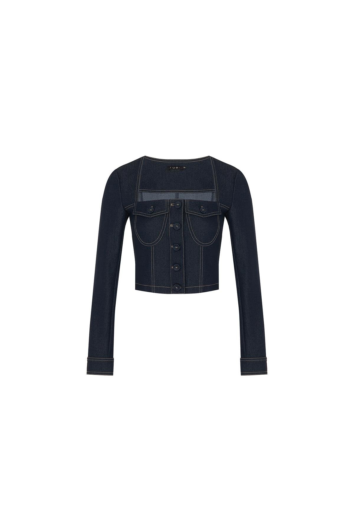 Kare Yaka Cep Detaylı Lacivert Denim Crop Gömlek