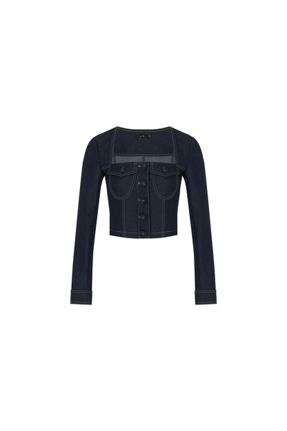 Kare Yaka Cep Detaylı Lacivert Denim Crop Gömlek