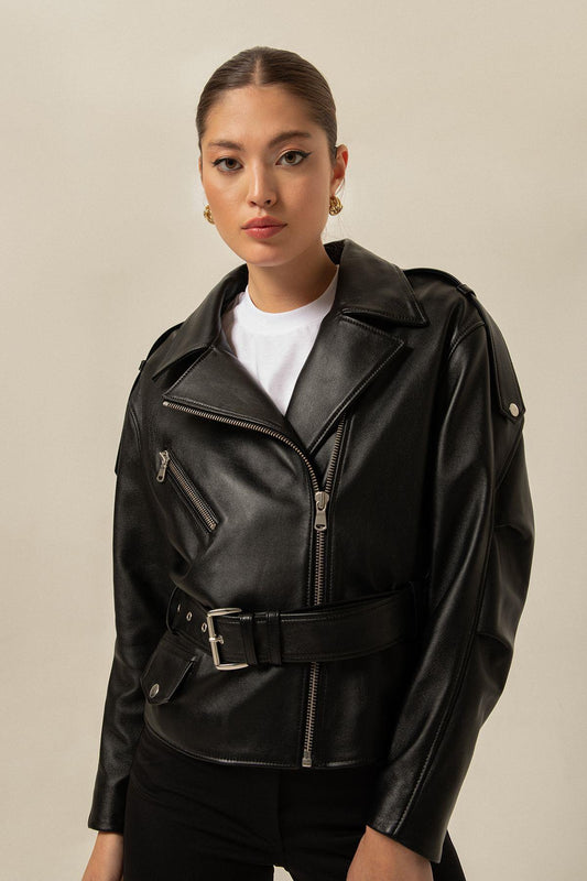 Kemerli Biker Siyah Deri Ceket