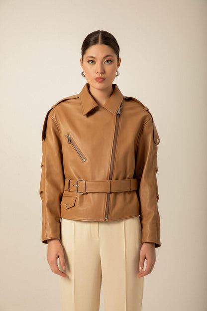 Kemerli Camel Biker Deri Ceket