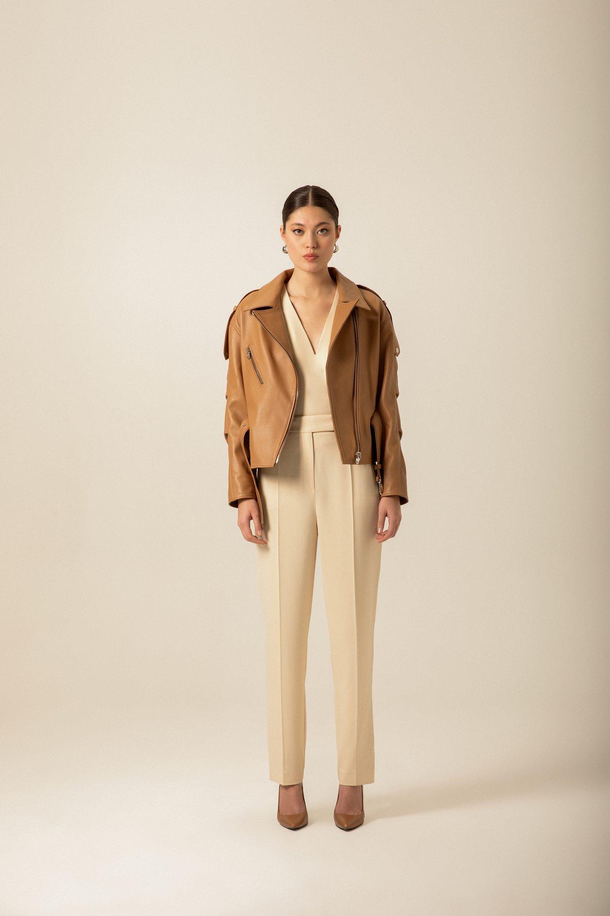 Kemerli Camel Biker Deri Ceket