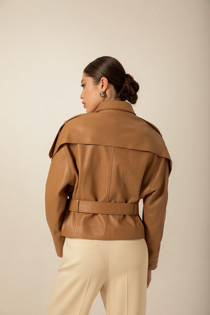 Kemerli Camel Biker Deri Ceket