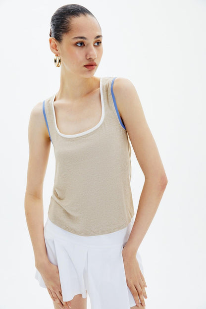 Kontrast Biyeli Bej Basic Bluz