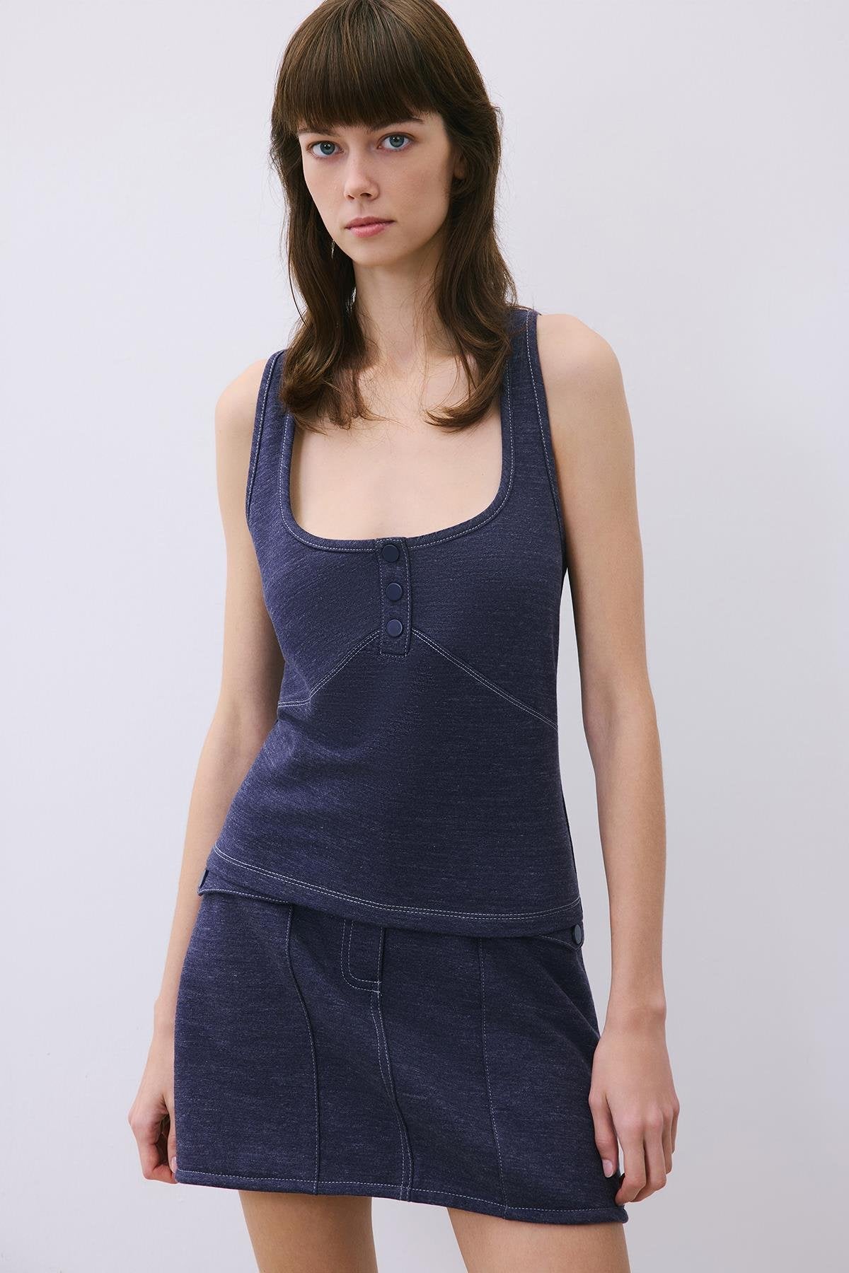 Kontrast Dikişli Basic Indigo Triko Bluz