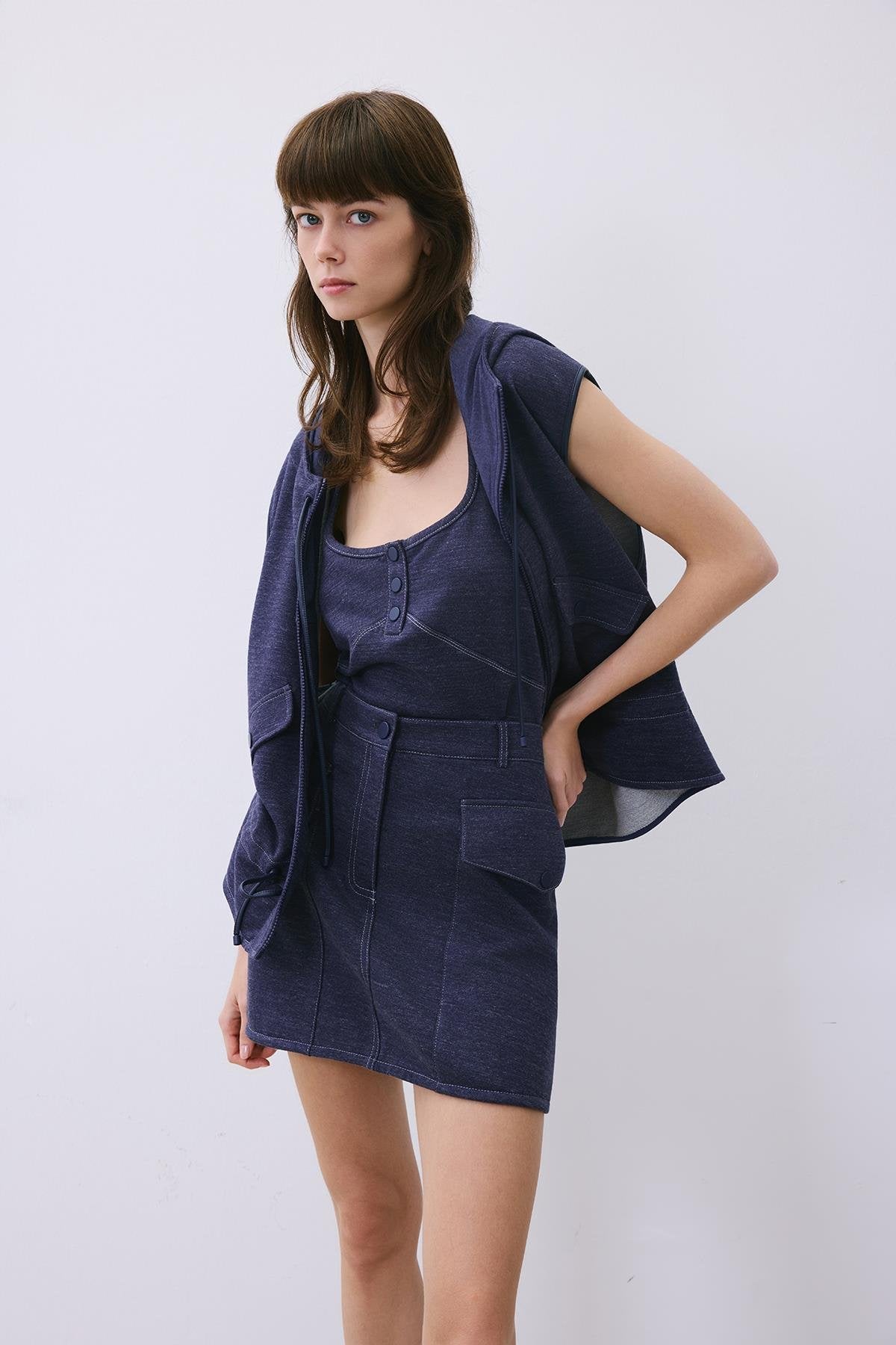 Kontrast Dikişli Mini Indigo Triko Etek