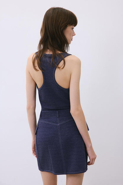 Kontrast Dikişli Mini Indigo Triko Etek