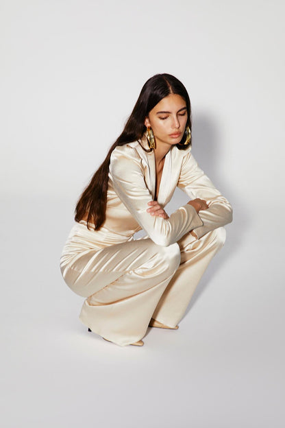 Krem Saten Crop Blazer