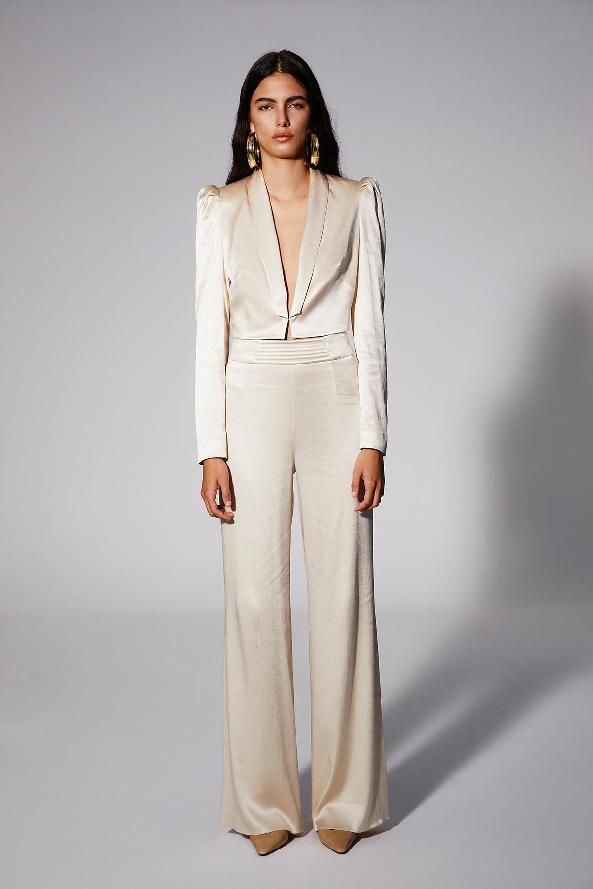 Krem Saten Crop Blazer