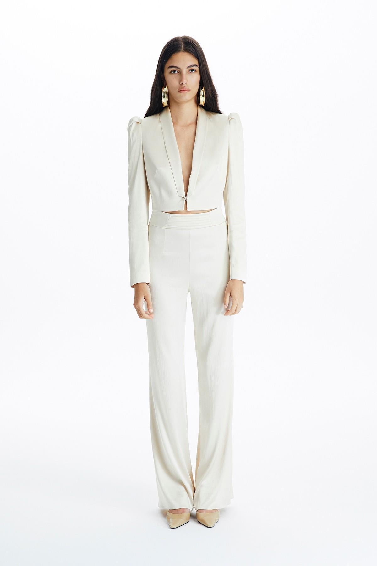 Krem Saten Crop Blazer