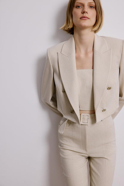 Kruvaze Çizgili Ekru Crop Ceket