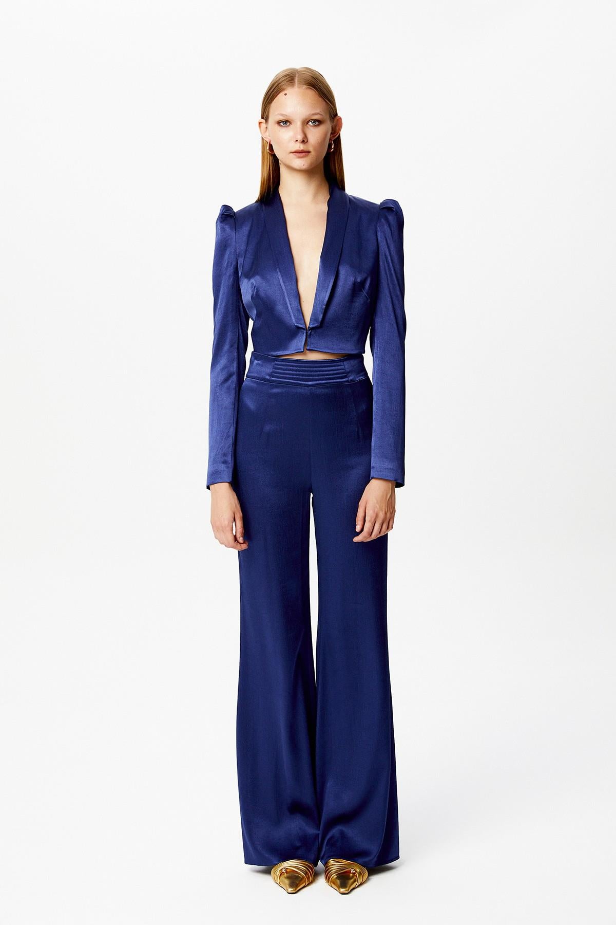 Lacivert Saten Crop Blazer
