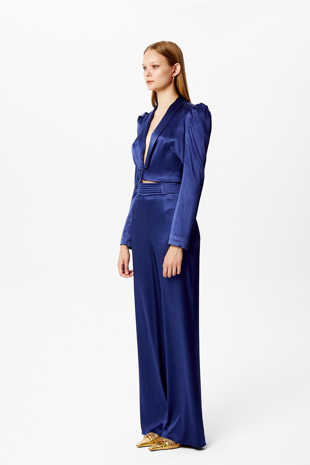 Lacivert Saten Crop Blazer