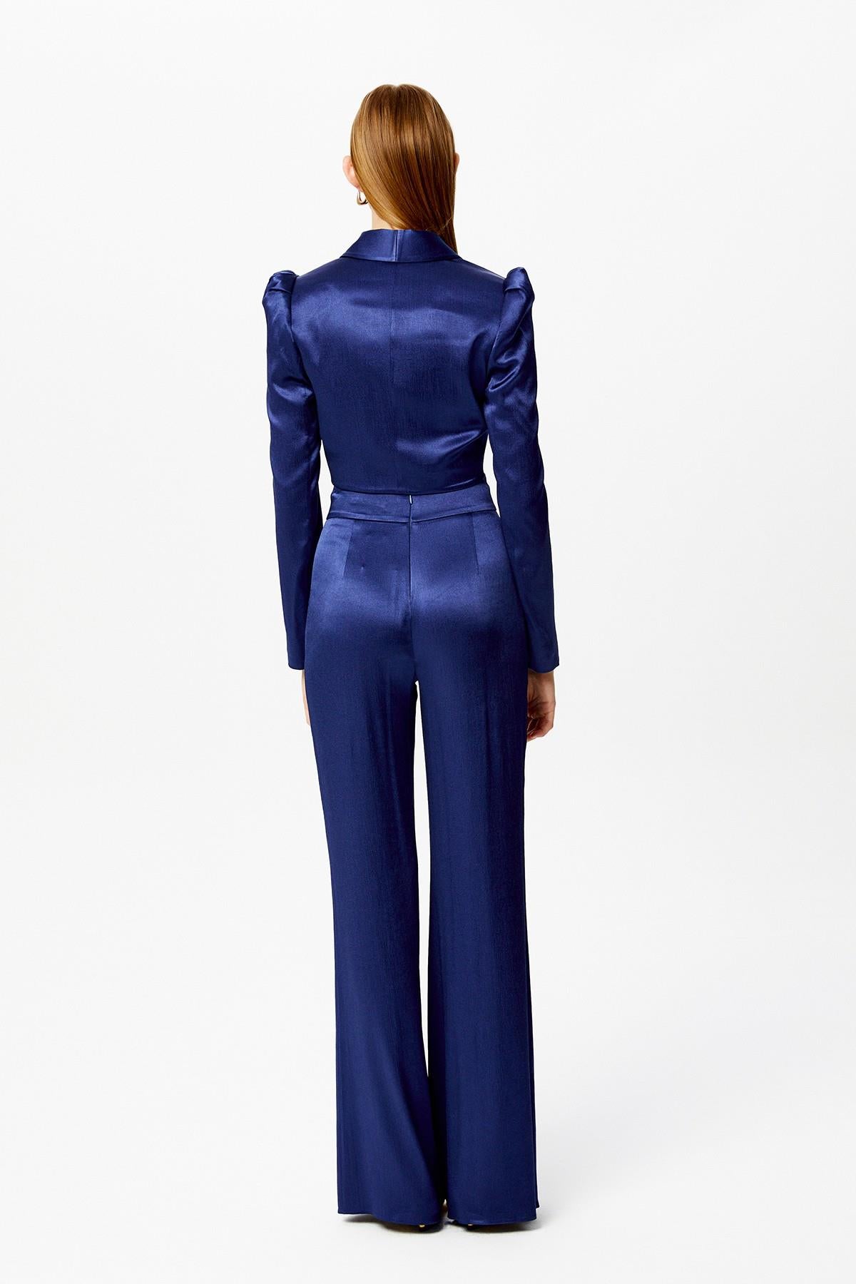 Lacivert Saten Crop Blazer