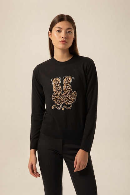 Leopar Detaylı Siyah Triko Kazak