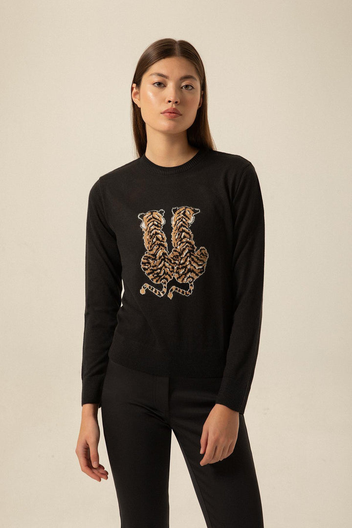 Leopar Detaylı Siyah Triko Kazak