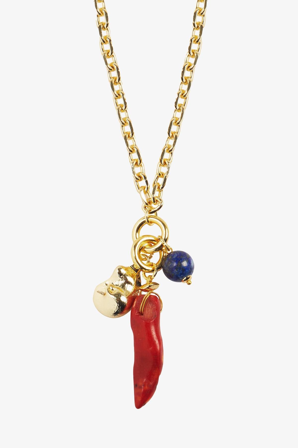 Mercan Lapis Taş Detaylı Gold Kolye