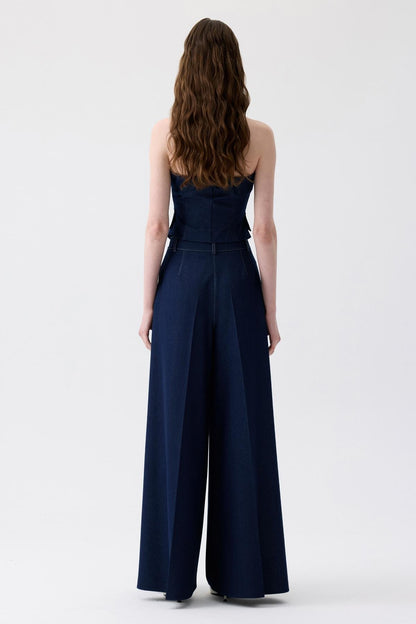 Metal Düğmeli Straplez Denim Lacivert Büstiyer