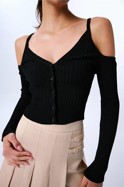 Omuz Dekolteli Crop Siyah Bluz