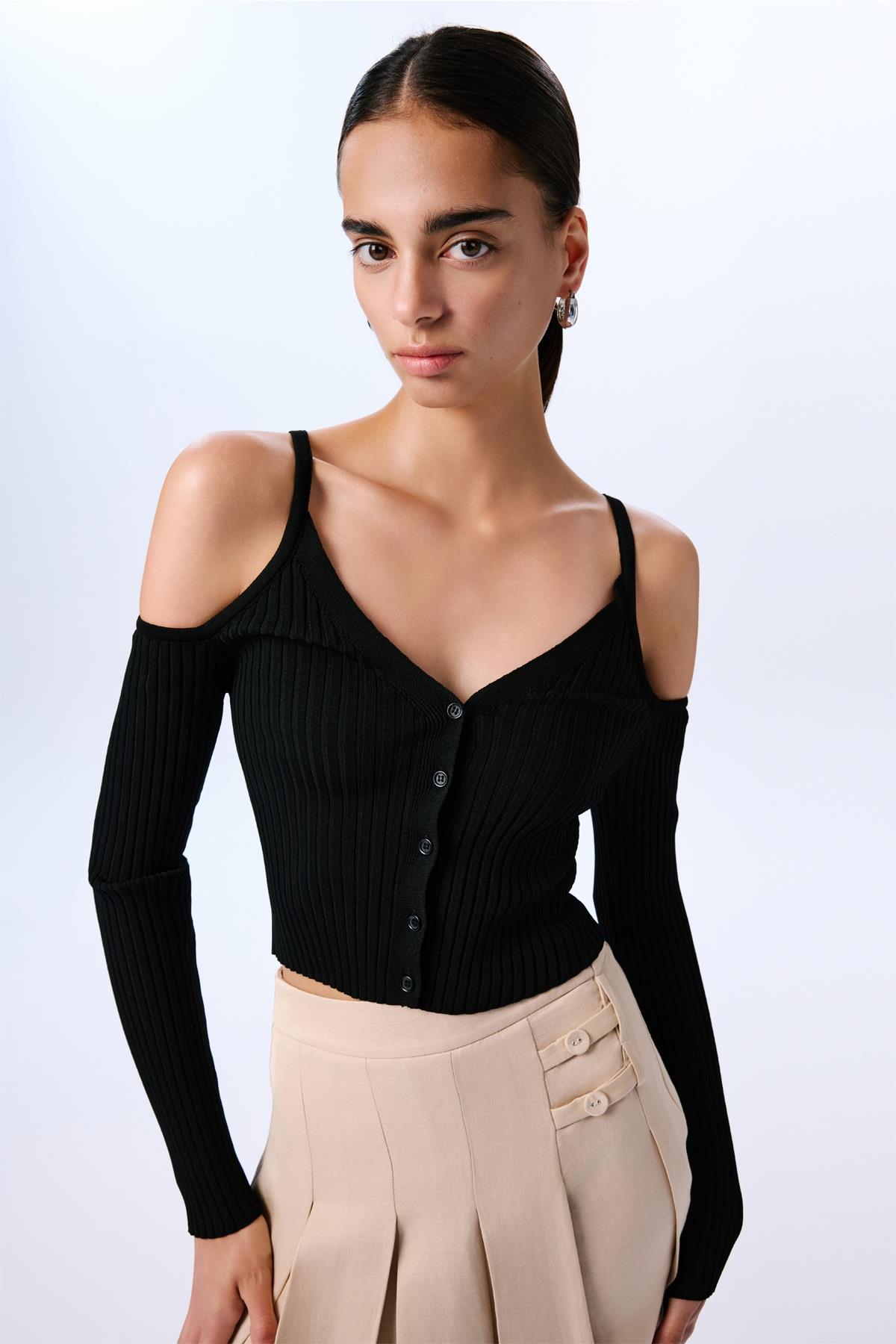 Omuz Dekolteli Crop Siyah Bluz