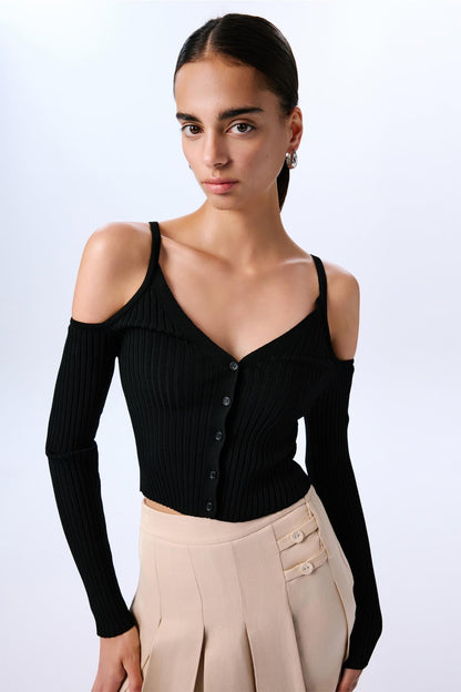 Omuz Dekolteli Crop Siyah Bluz