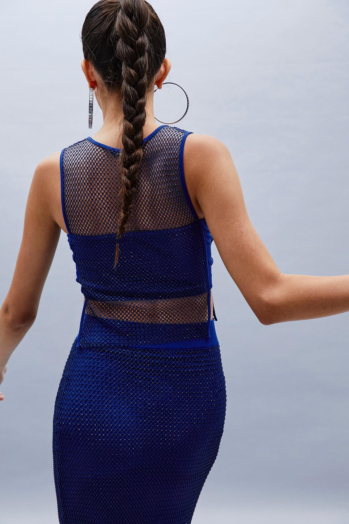 Parlak Taşlı Indigo Crop Bluz