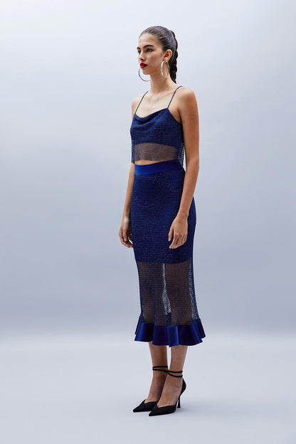 Parlak Taşlı Indigo File Crop Top