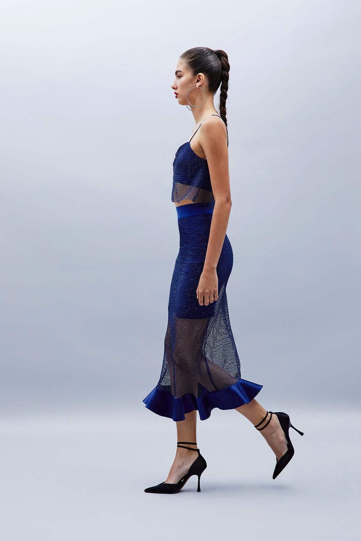 Parlak Taşlı Indigo File Crop Top