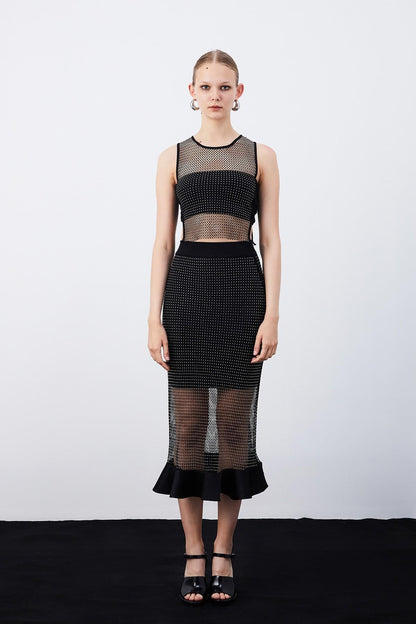 Parlak Taşlı Siyah Crop Bluz
