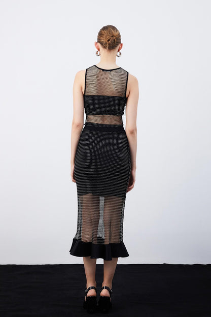 Parlak Taşlı Siyah Crop Bluz