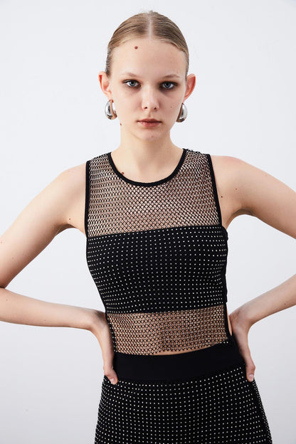 Parlak Taşlı Siyah Crop Bluz