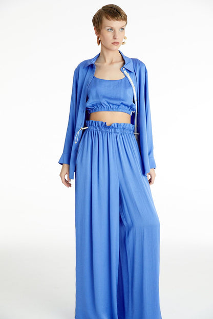 Saten Mavi Oversize Gömlek