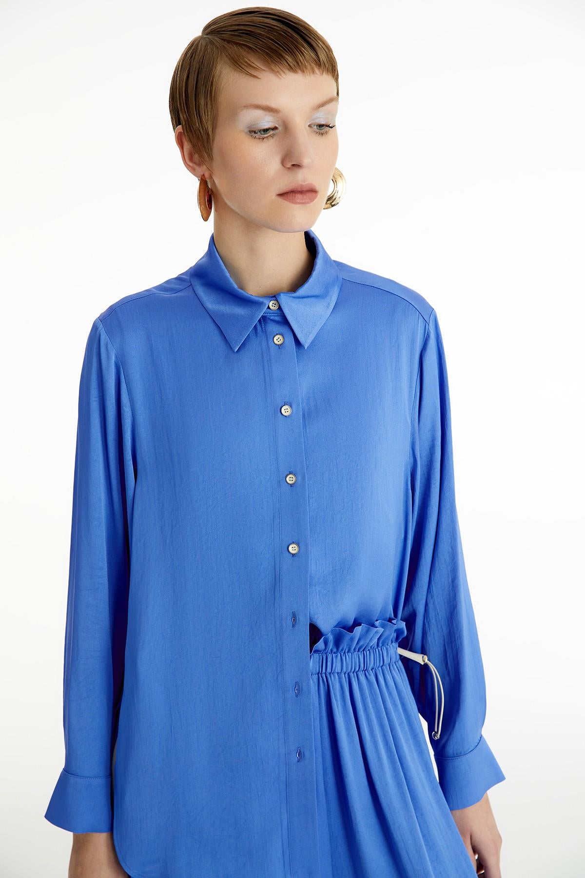 Saten Mavi Oversize Gömlek