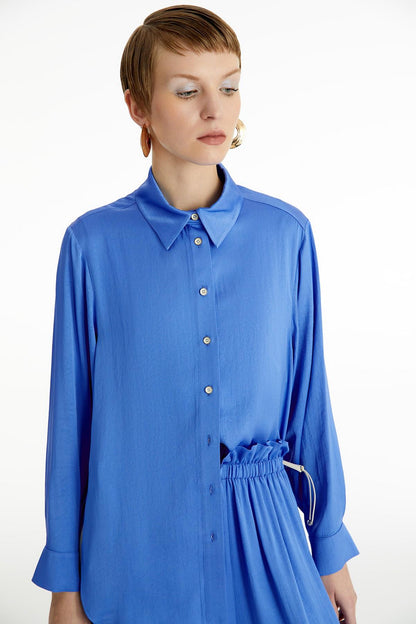 Saten Mavi Oversize Gömlek