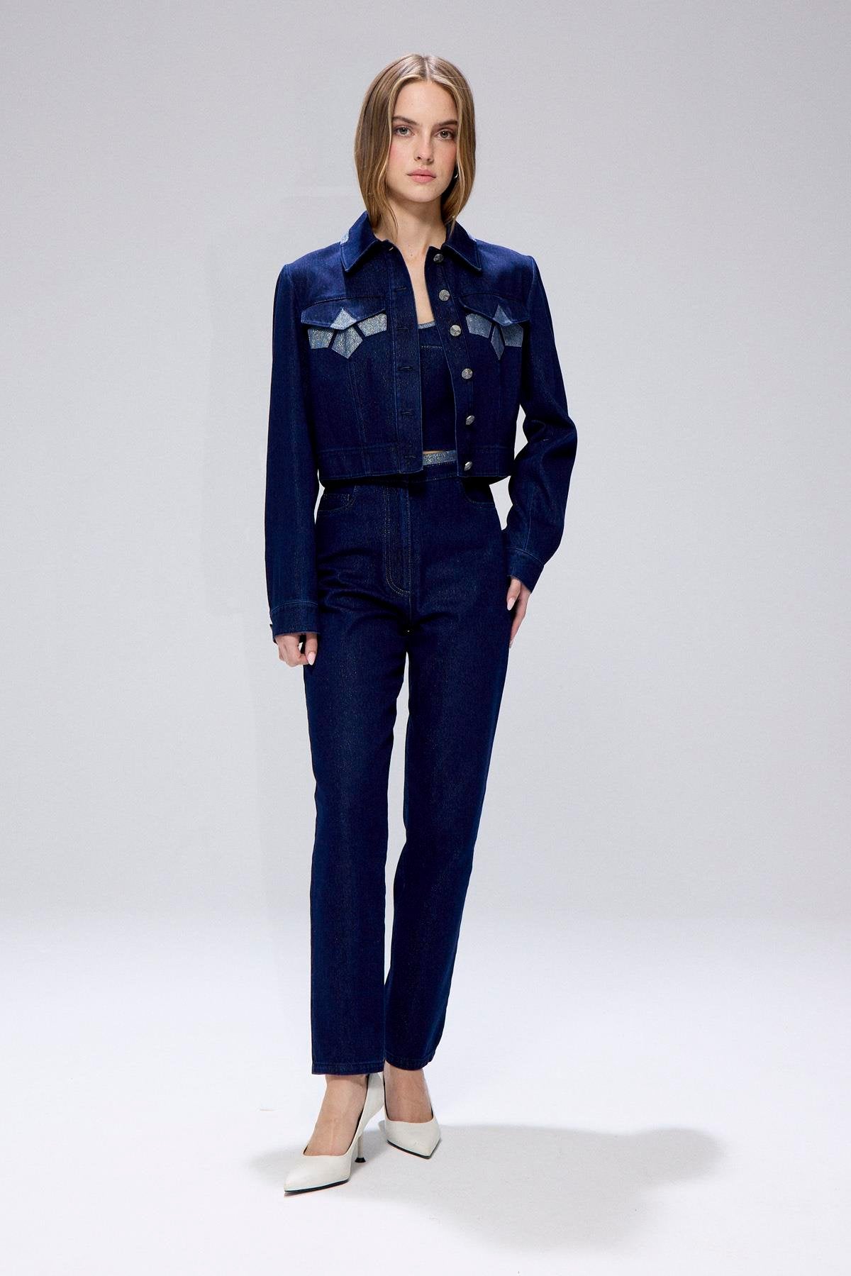 Sim Detaylı Denim Lacivert Crop Ceket