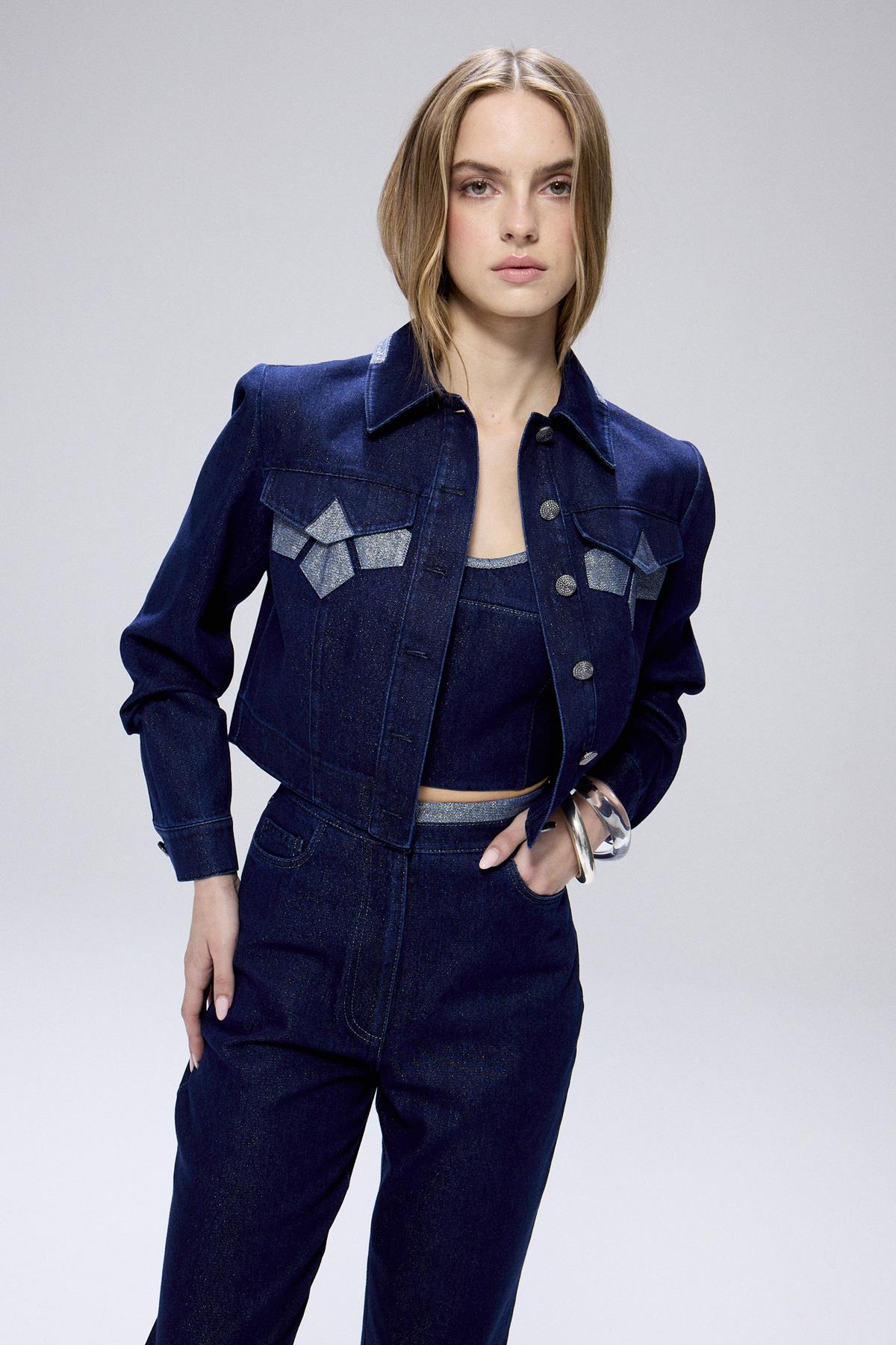 Sim Detaylı Denim Lacivert Crop Ceket