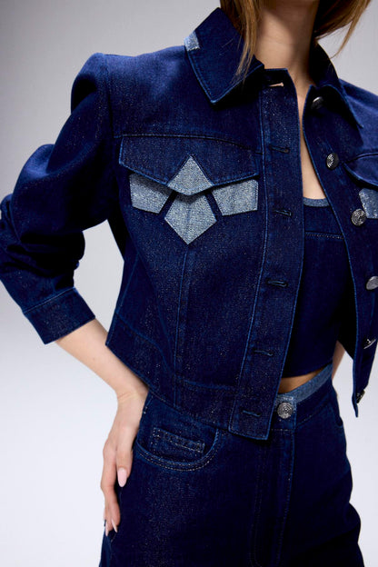 Sim Detaylı Denim Lacivert Crop Ceket