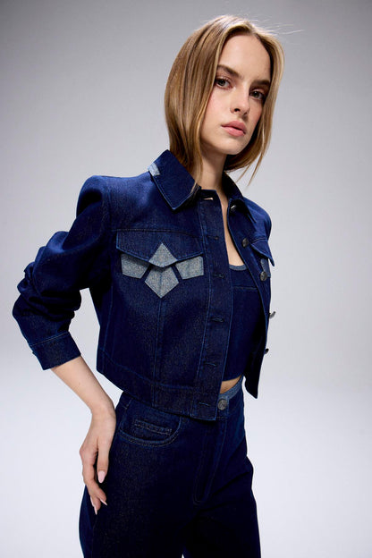 Sim Detaylı Denim Lacivert Crop Ceket