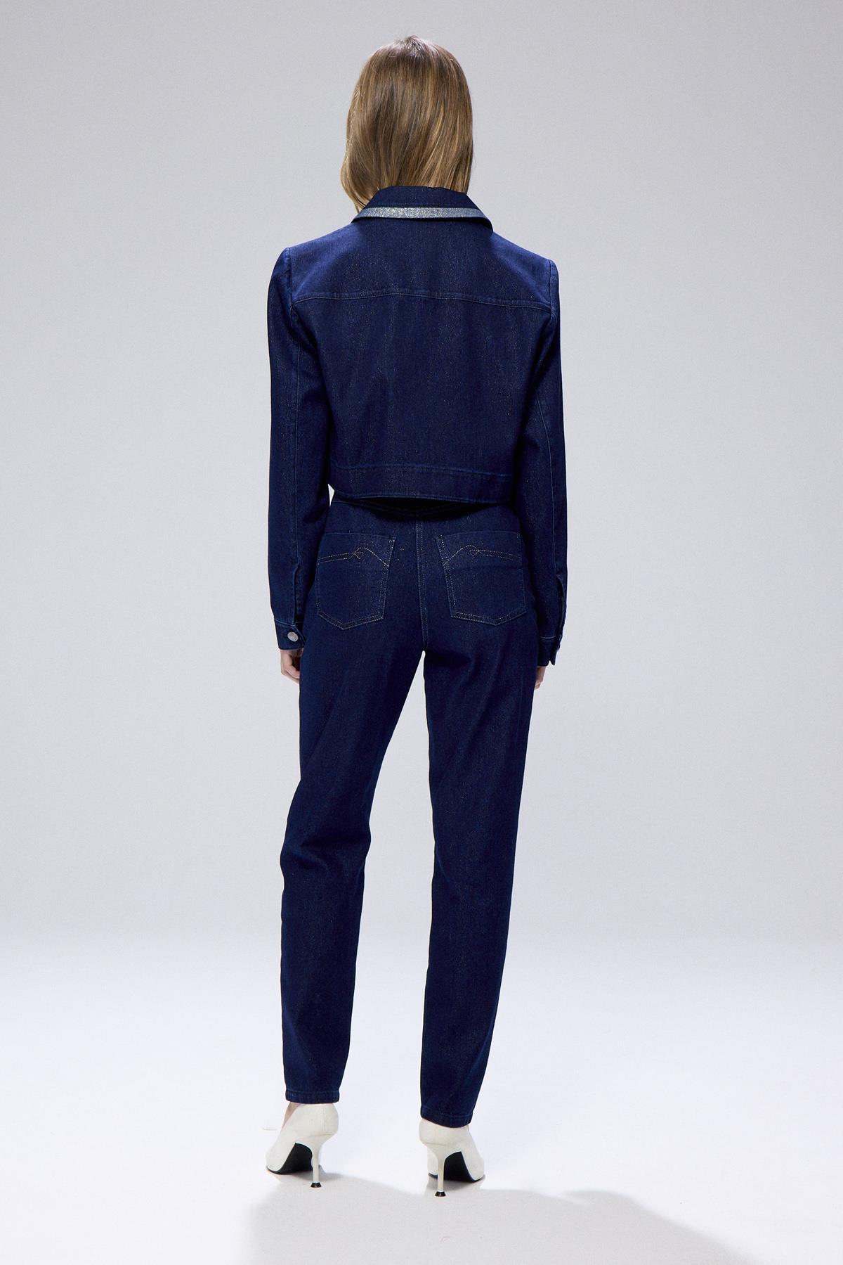 Sim Detaylı Denim Lacivert Crop Ceket