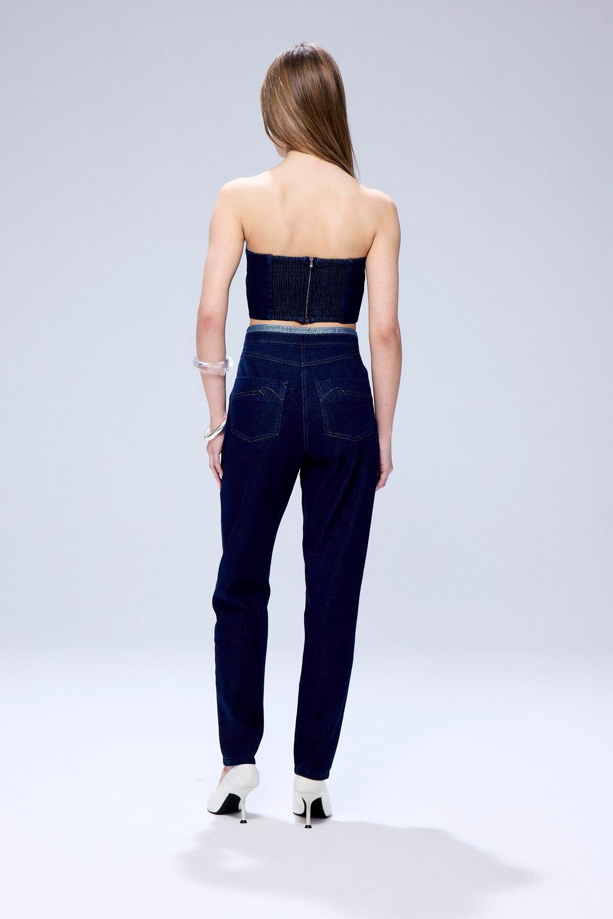 Sim Detaylı Straplez Lacivert Denim Büstiyer