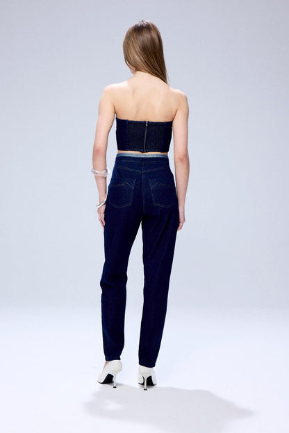 Sim Detaylı Straplez Lacivert Denim Büstiyer