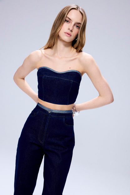 Sim Detaylı Straplez Lacivert Denim Büstiyer