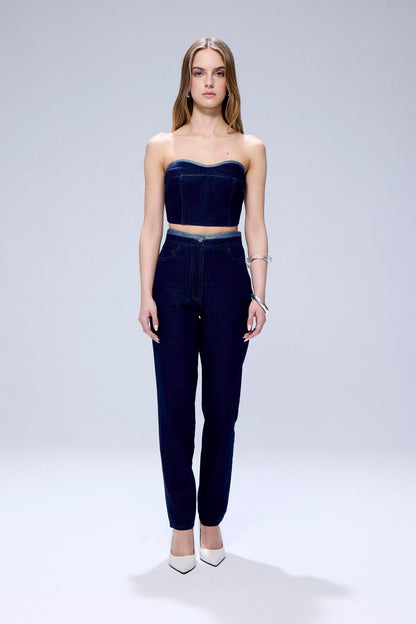 Sim Detaylı Straplez Lacivert Denim Büstiyer