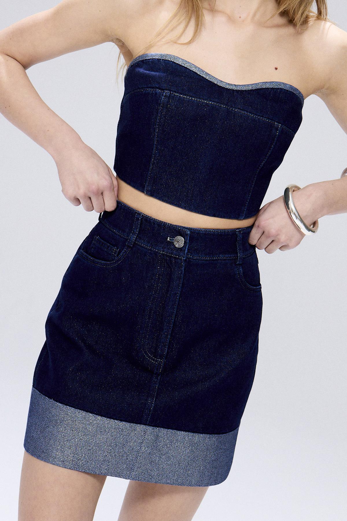 Sim Dikişli Mini Lacivert Denim Etek